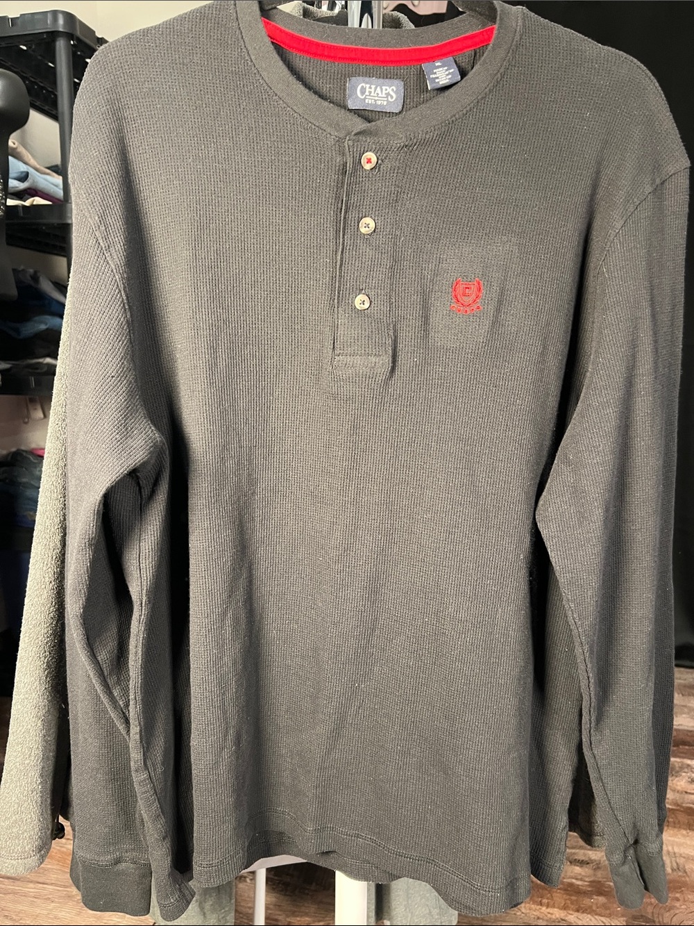 Chaps Men’s Black Waffle-Knit Henley with Red Crest